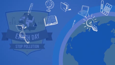 Animation-of-school-icons-floating-over-blue-globe-and-blue-background