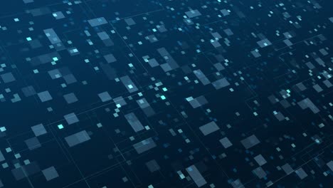 abstract digital network computer map with glowing squares on blue background.