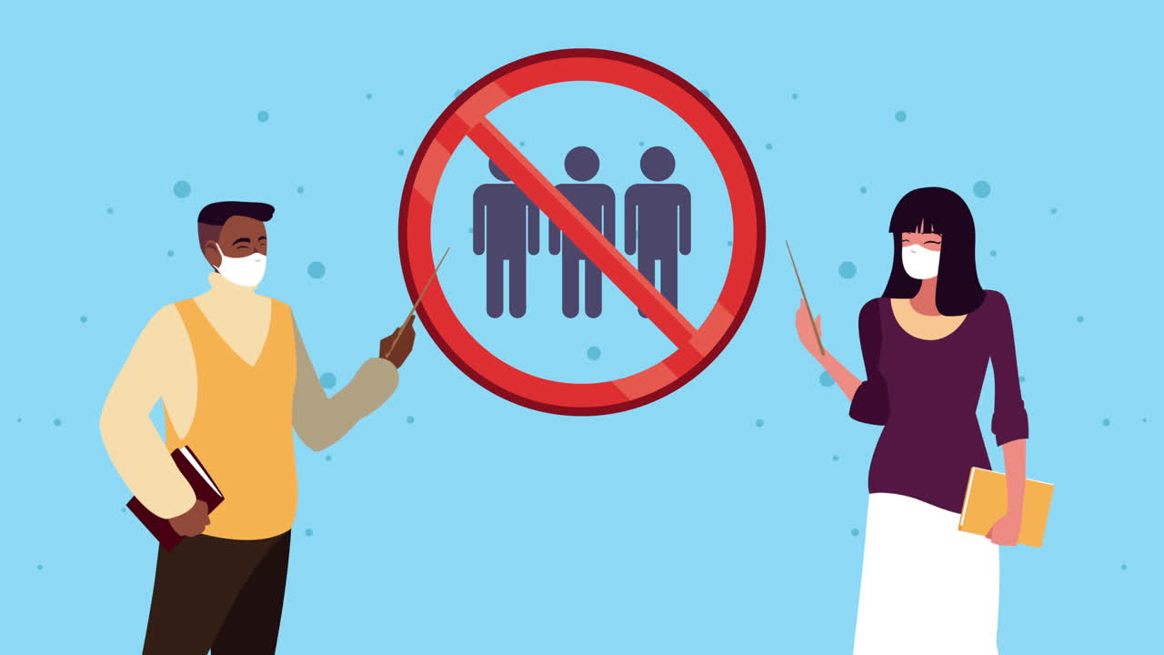 코로나19를 예방하기 위해 의료 마스크를 착용한 교사들이 군중을 피합니다.