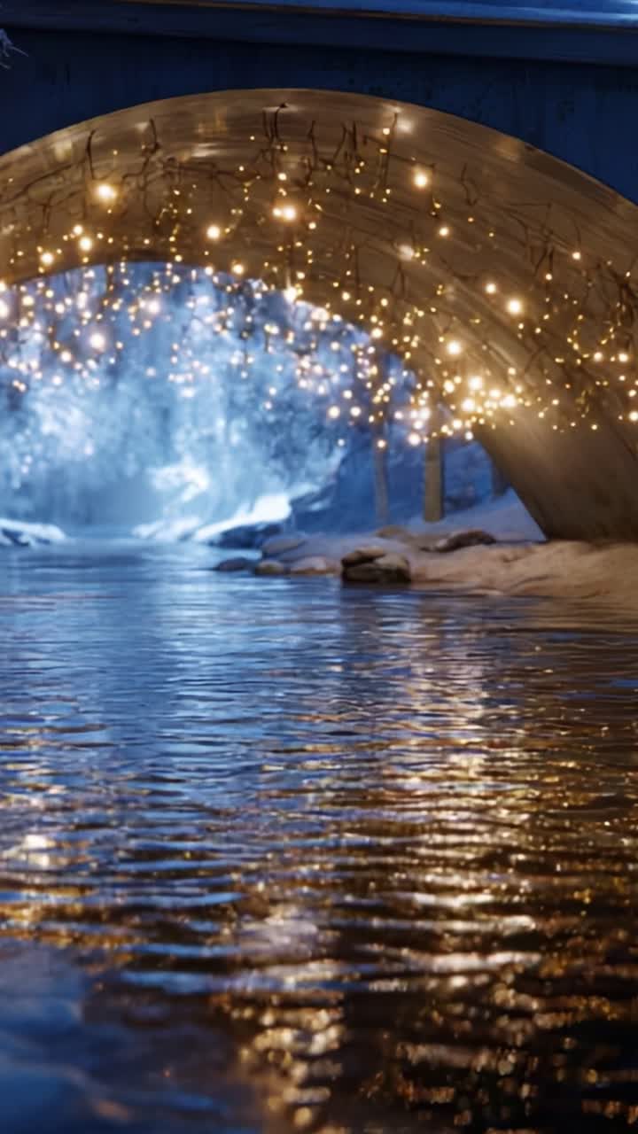 Enchanting Winter Scene Under a Bridge Illuminated with Twinkling Fairy Lights, Reflecting on Calm Water Surrounded by Snow-Covered Banks, Creating a Magical Atmosphere of Serenity and Wonder