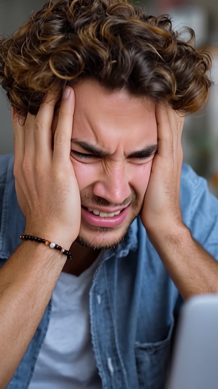 Man grips head, eyes closed, showing frustration. He wears casual denim, focused on laptop screen. His curly hair and beard frame an intense expression