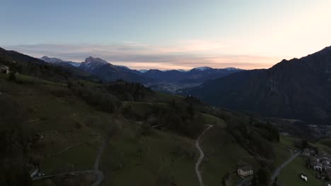 beautiful aerial view of the seriana valley and its mountains at sunrise, orobie alps, bergamo, italy