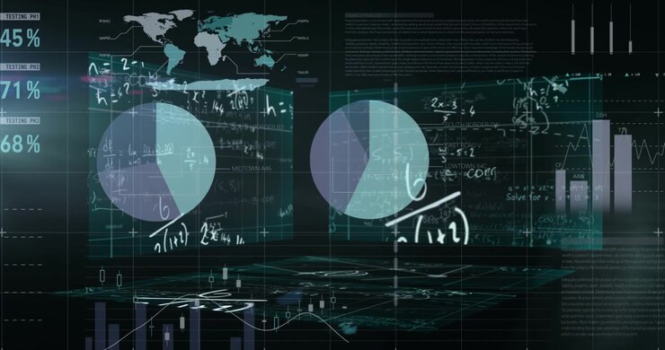 Animation of mathematical equations and statistical data processing against blue background
