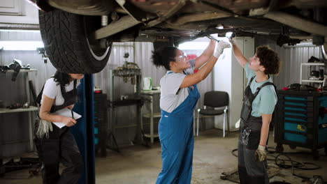 women inspecting vehicle