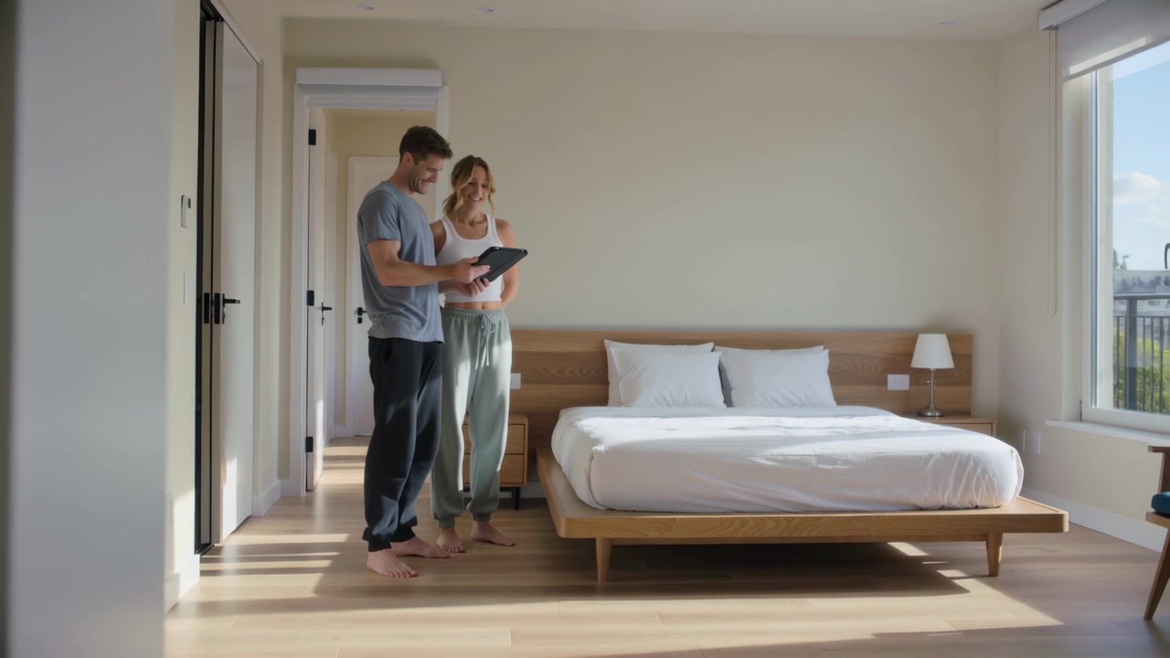 Camera pulling back showing couple in bedroom in loungewear, holding tablet and checking plans