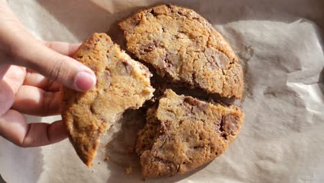 close up of a broken chocolate chip cookie