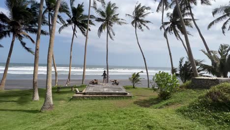 una joven en kimano de playa se pasea entre las altas palmeras de coco en la playa de arena negra de pasut, bali