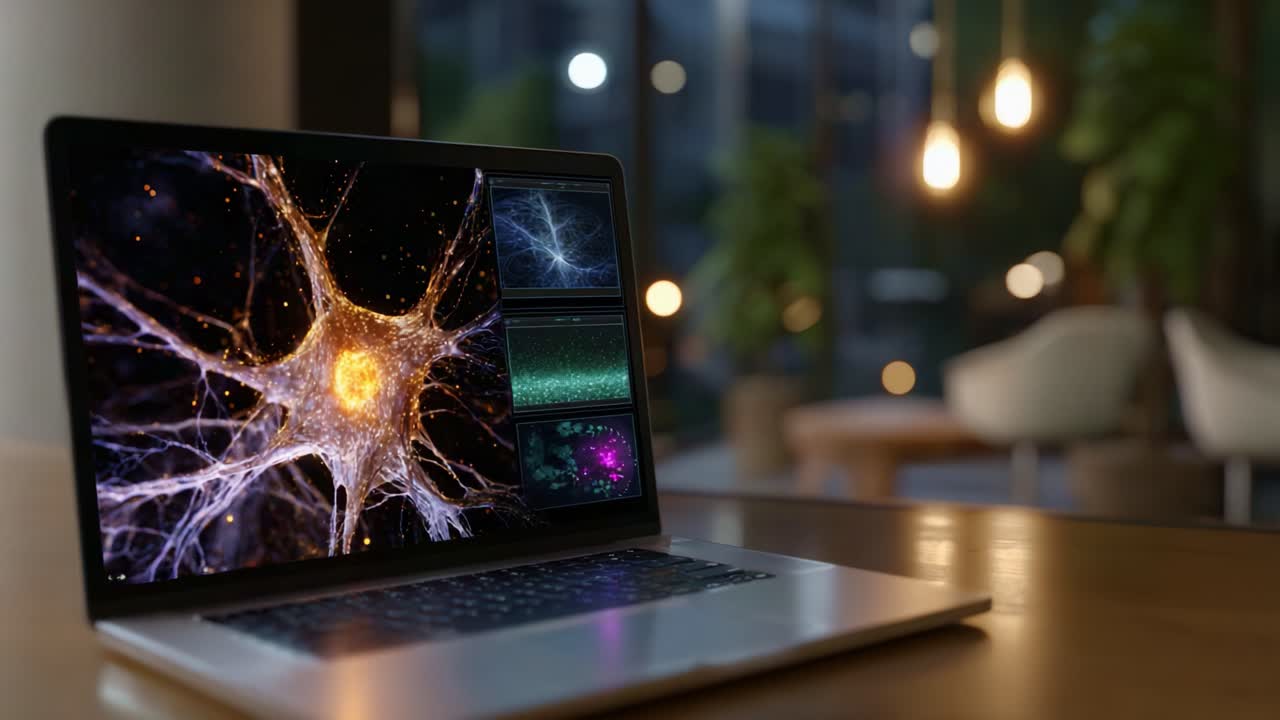 Dynamisk visning af neurale billeder og farvevariationer på multiscreen-opsætning i et moderne arbejdsområde med en bærbar computer og livlig baggrund