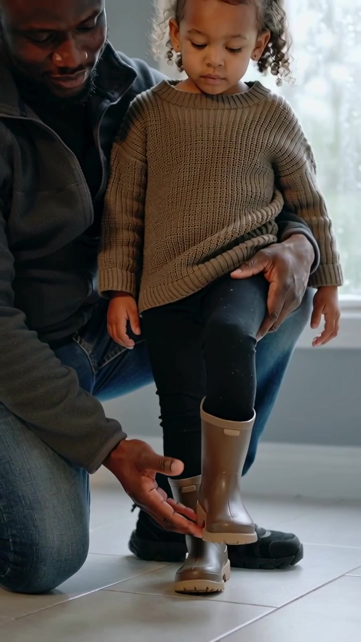 Vertikales Video: Kniender Vater zieht seinem Kind im Eingangsbereich einen braunen Stiefel für Regen an.