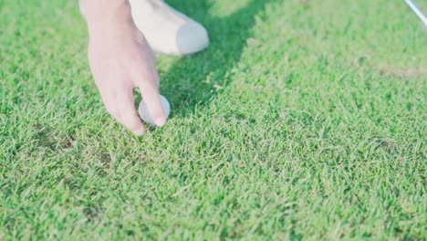 golfer sets golfball on peg in the grass