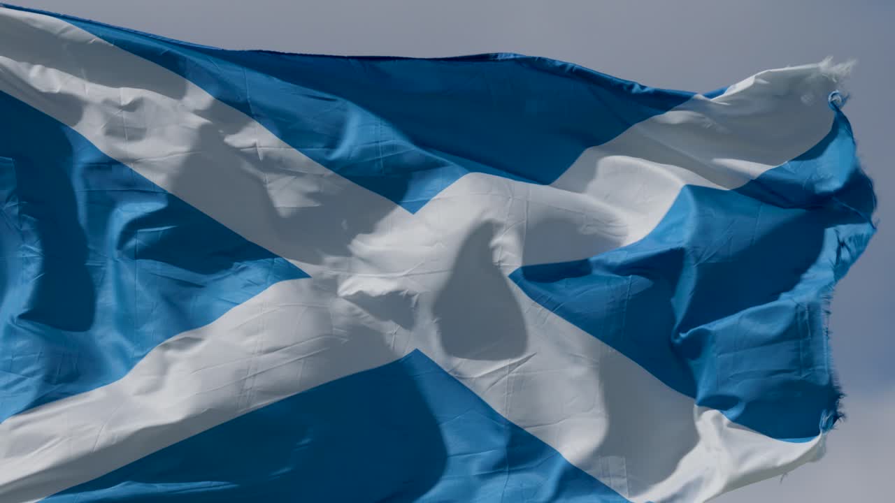 Blue and white Scottish flag rippling dynamically outdoors, natural daylight, close-up, steady camera