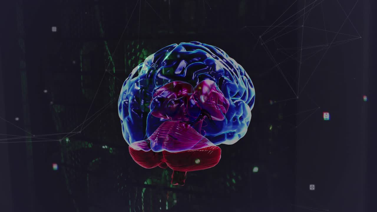 animación de la red de conexiones y cerebro sobre la sala de servidores