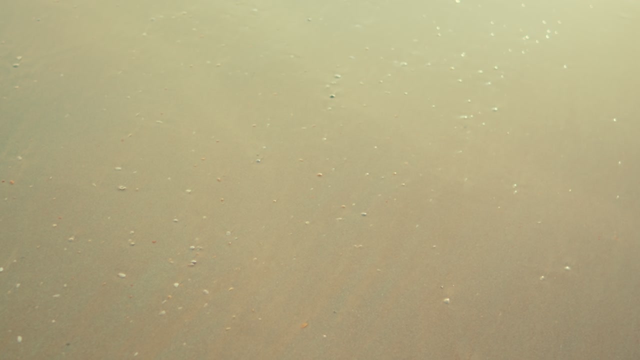 Calm beach sand with gentle waves and soft lighting at golden hour