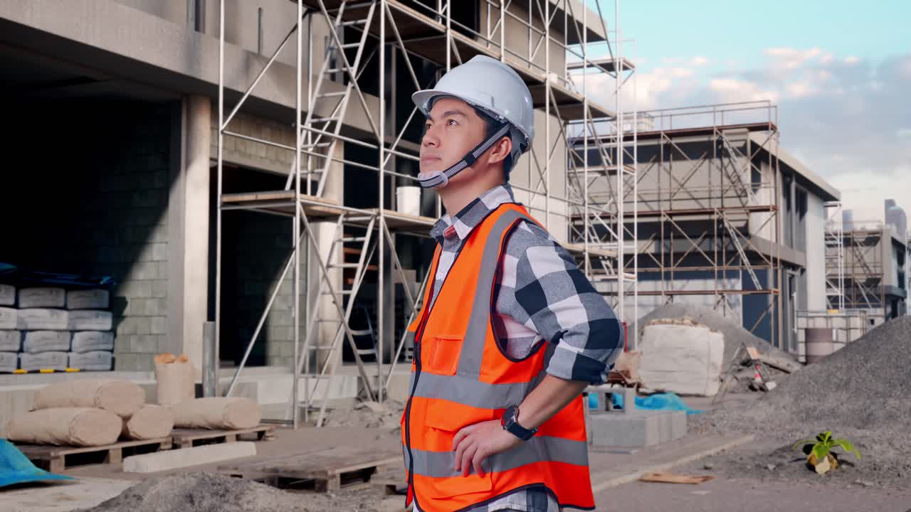Side View Of Asian Male Engineer Wearing Safety Helmet Looking Around While Standing With Arms Akimbo At Building & Construction Site in Progress to New House