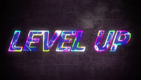 Animation of lightning effect over level up text banner against grey brickwall textured background