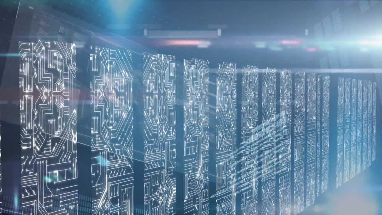 Animation of data with computer processors in background