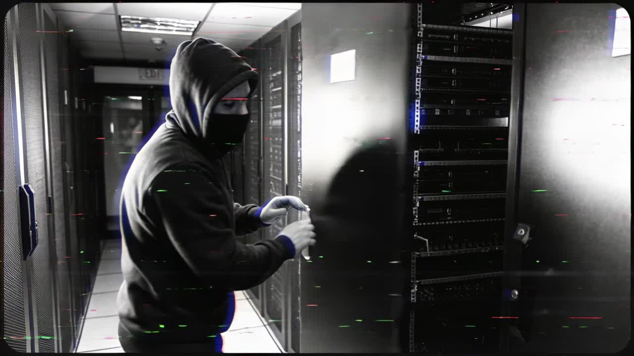 Grasping hooded individual pulling server rack door at datacenter, carrying tool to access units