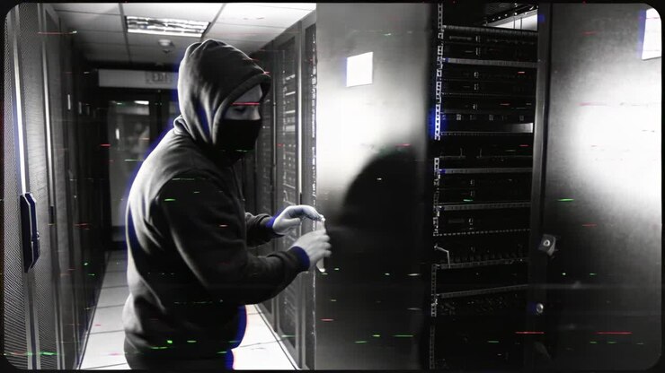 Grasping hooded individual pulling server rack door at datacenter, carrying tool to access units