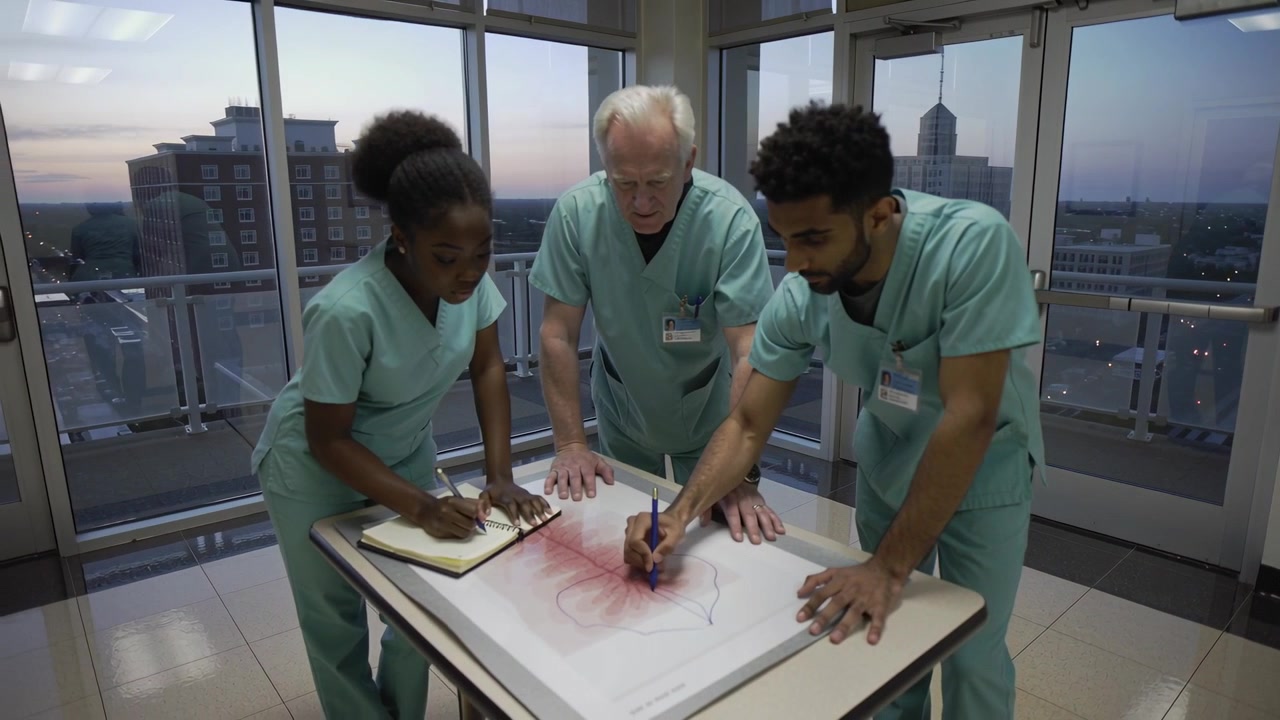 Equipe médica reunida com uniformes, colega com bloco de notas, colega fazendo anotações, mentor sênior junto às janelas