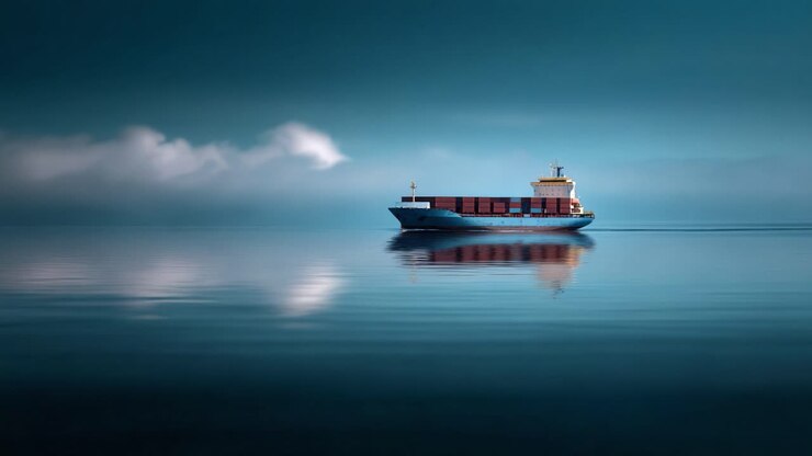 A Tranquil Journey: Container Ship Gliding Smoothly Across Serene Waters Under a Misty Horizon in a Calm Maritime Landscape