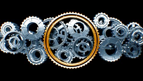 big golden gear cooperating with steel gears in working mechanism with dof blur. beautiful looped 3d animation with alpha matte. teamwork business and technology concept.