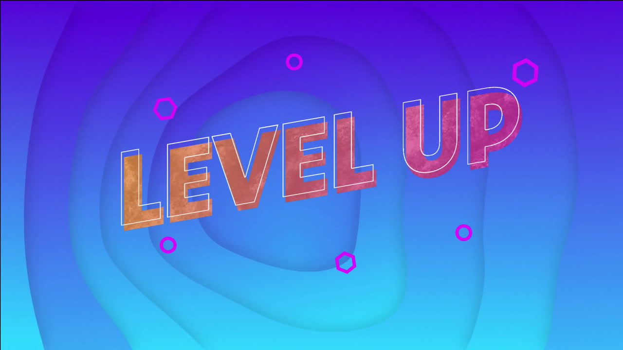 Level up text animation over blue shapes on purple background