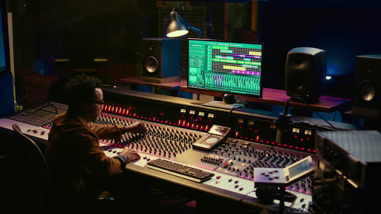 Portrait of professional sound engineer recording tracks and editing tunes