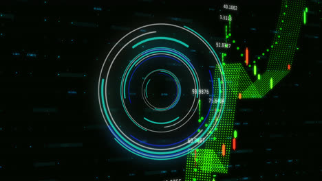 animation of neon round scanner over financial data processing against black background