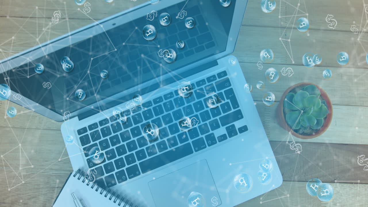 나무 테이블에 사무실 장비에 대한 통화 기호와 연결 네트워크의 애니메이션