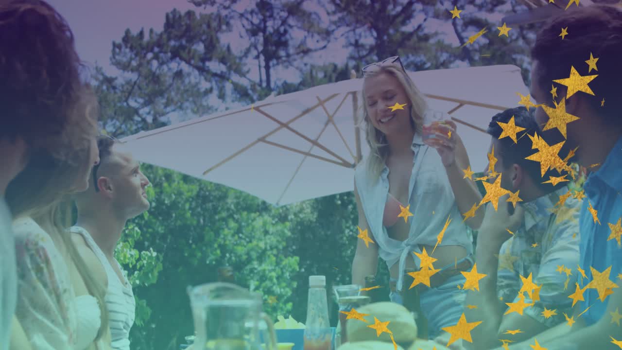 다양한 친구들의 그룹이 바비큐를 하고 얘기하는 별들의 애니메이션