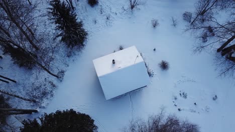 chimenea que fuma lentamente de una pequeña casa en medio del bosque con un techo nevado