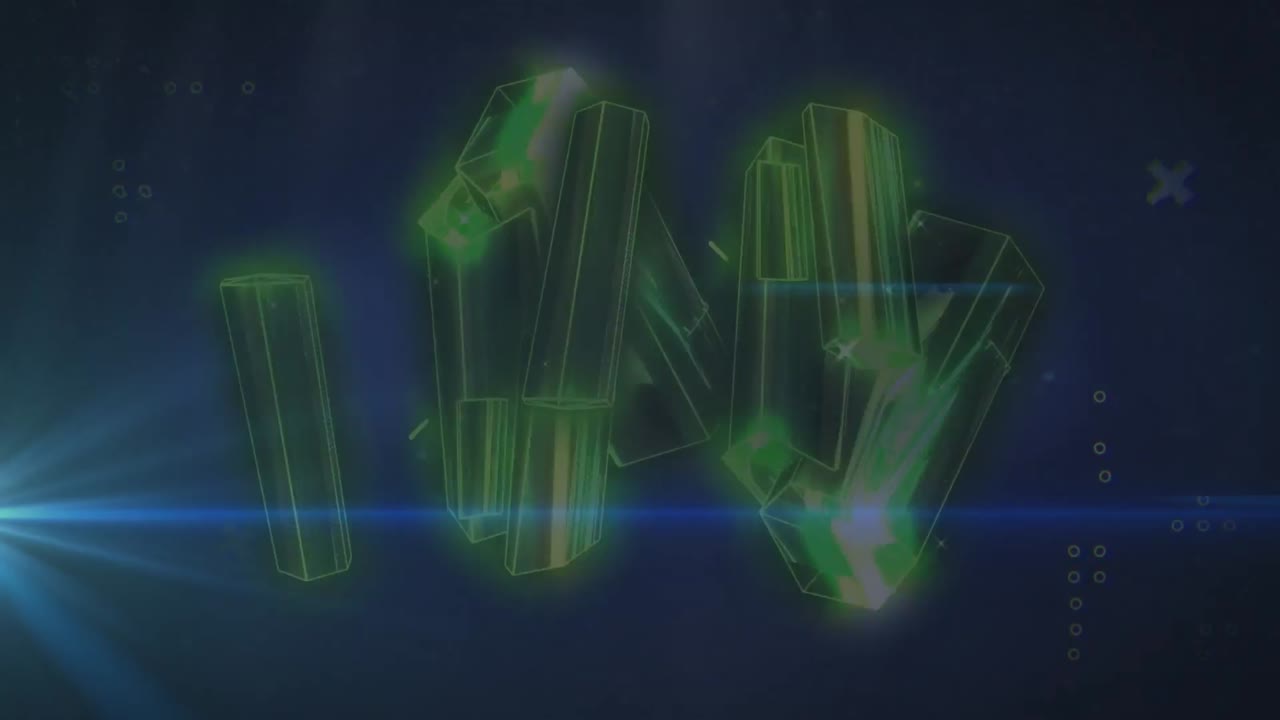 파란색 배경에 황금색 결정 위에 파란색 빛의 점과 추상적인 모양의 애니메이션