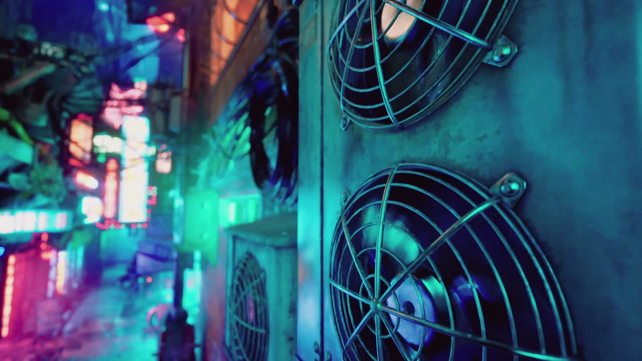 paisaje urbano cyberpunk con luces de neón y un respiradero de metal