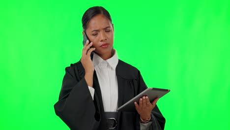 Tablet,-green-screen-and-phone-call-with-a-court