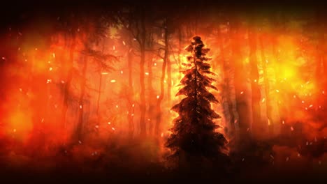 inferno in the forest: trees consumed by flames and shrouded in thick, rolling smoke