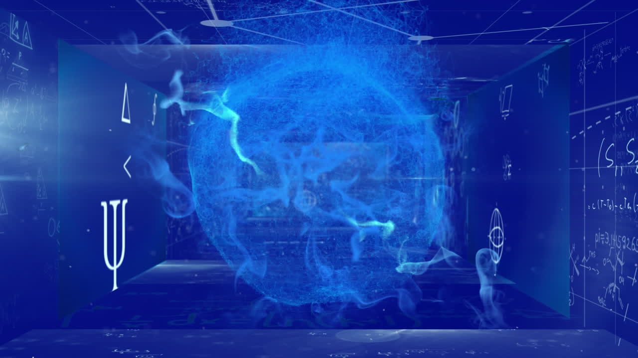 파란색 벽에 쓰여진 수학 수식으로 사라지는 흡연 공의 애니메이션