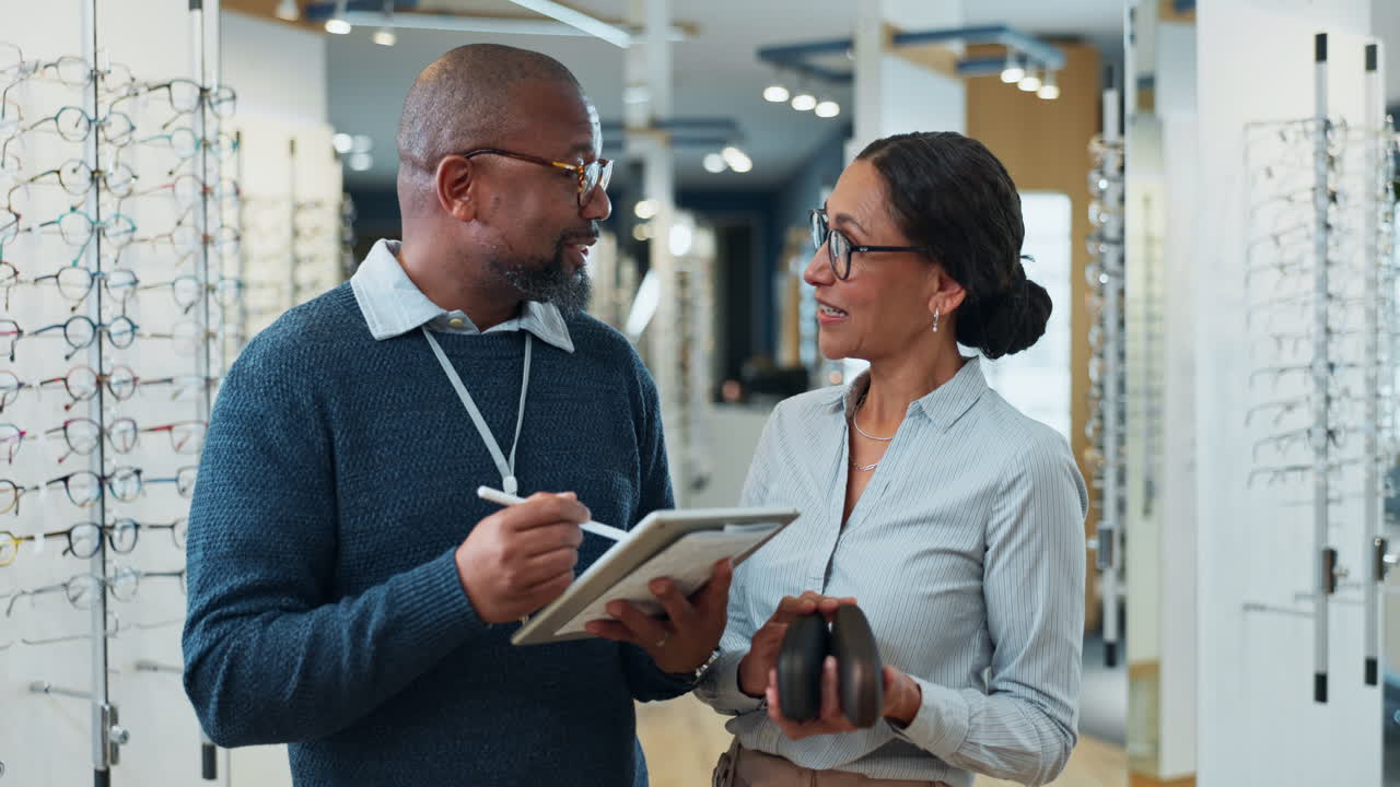 óptico ayudando a un cliente a elegir gafas nuevas