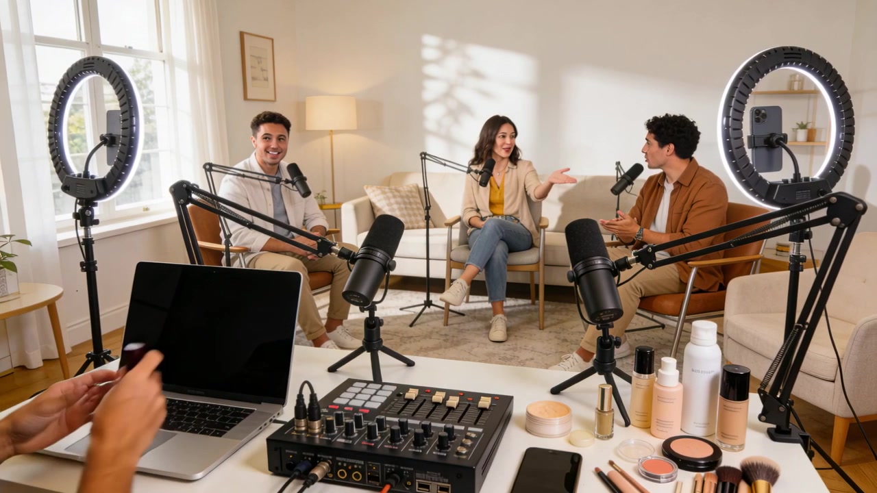 Presentadores hablando vestidos elegantemente en un estudio casero, un técnico ajustando el mezclador y luego mostrando maquillaje para el chat