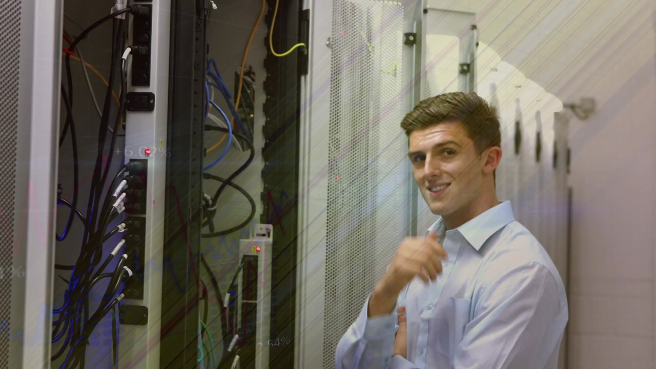 Animation of data processing over caucasian male it technician and computer servers