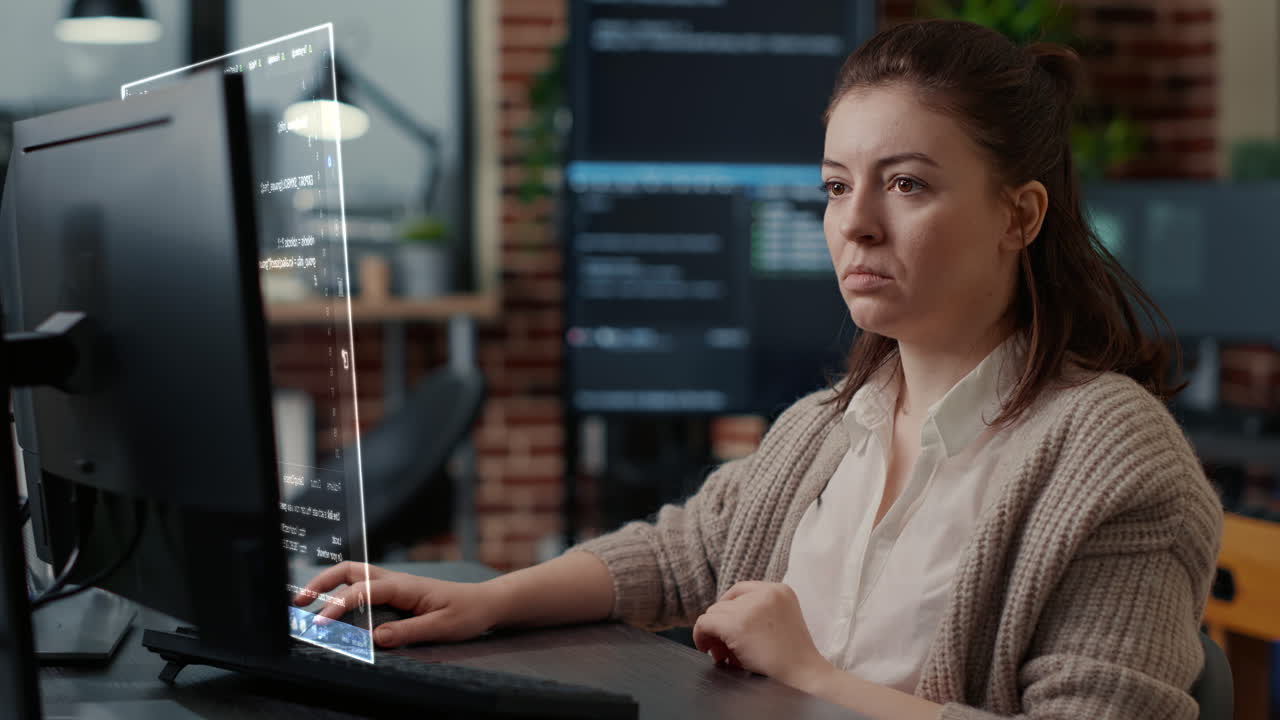 Caucasian system engineer working focused looking at vfx of floating computer screen with programming code