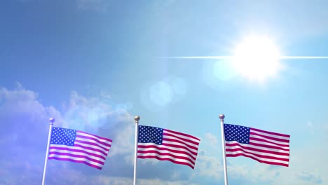 usa us 3 american flags waving against blue sky cg flare 4k