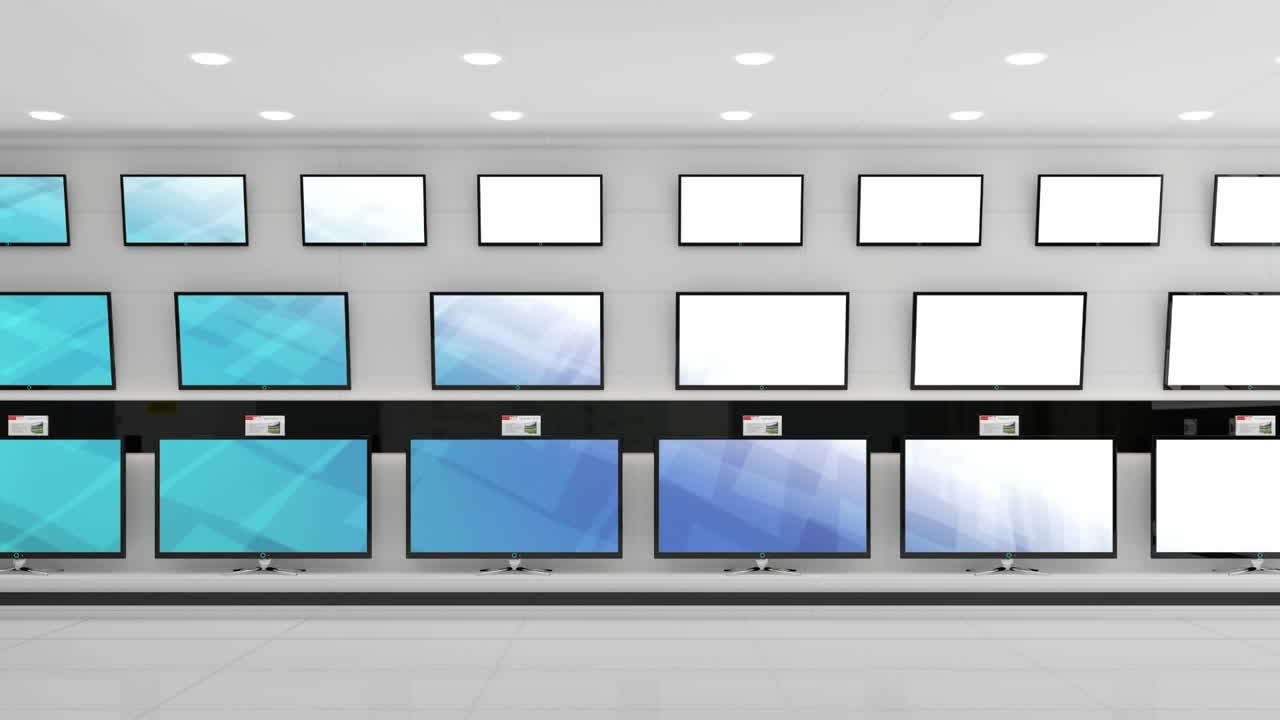 복사 공간과 함께 반 ⁇ 이는 화면과 함께 상점에 있는 텔레비전 세트의 행의 애니메이션
