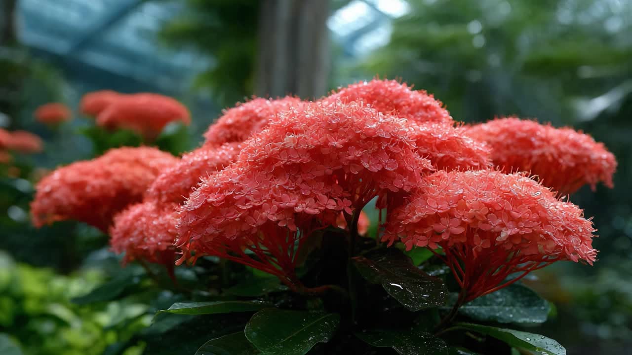Vibrant Display of Lush Coral Flowers Glimmering with Dew in a Serene Greenhouse Environment, Showcasing Nature's Beauty in Full Bloom
