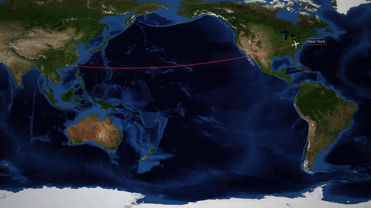 Satellite world map tracks an airplane flying from Guangzhou to New York with red line