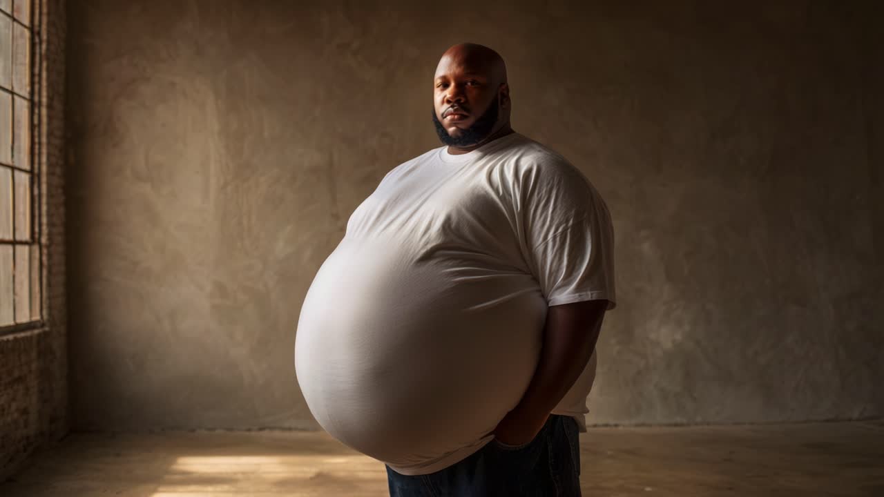 A contemplative moment of a man in a white shirt, standing with hands in pockets, showcasing his body and presence in a softly lit, spacious environment, highlighting personal reflection