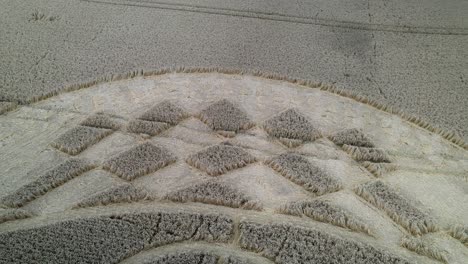 Aerial-view-looking-down-West-Meon-crop-circle-complex-geometric-pattern-close-up-on-wheat-field