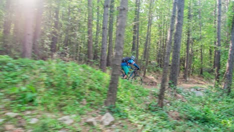 an enthusiast cyclist riding his mountain bike through the uneven terrain amidst dense green forest