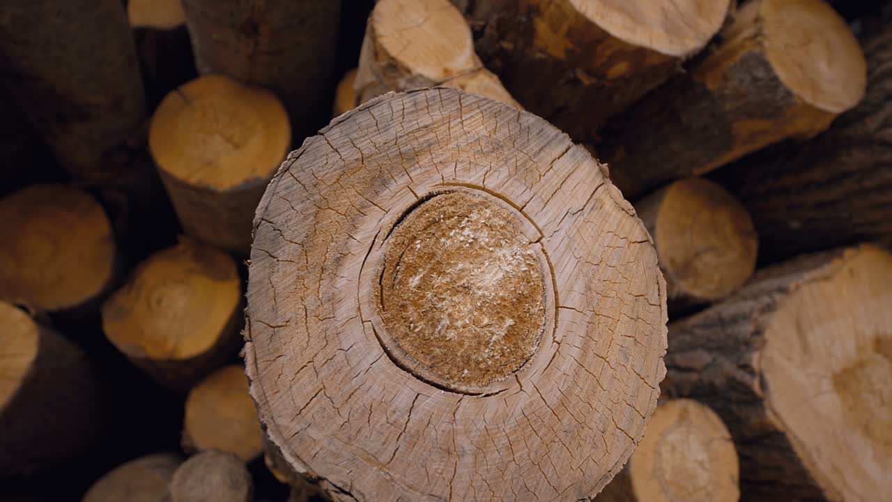 A huge woodpile of tree trunks in a warehouse of a woodworking factory