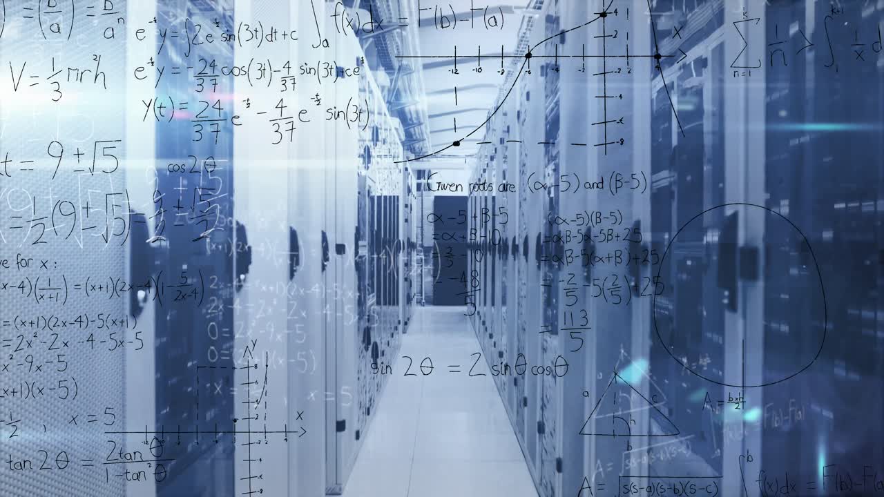 Animation of mathematical equations and diagrams over lens flares against server room