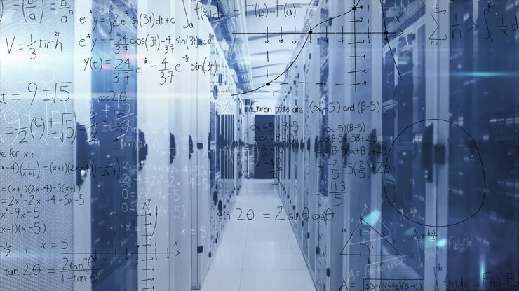 Animation of mathematical equations and diagrams over lens flares against server room